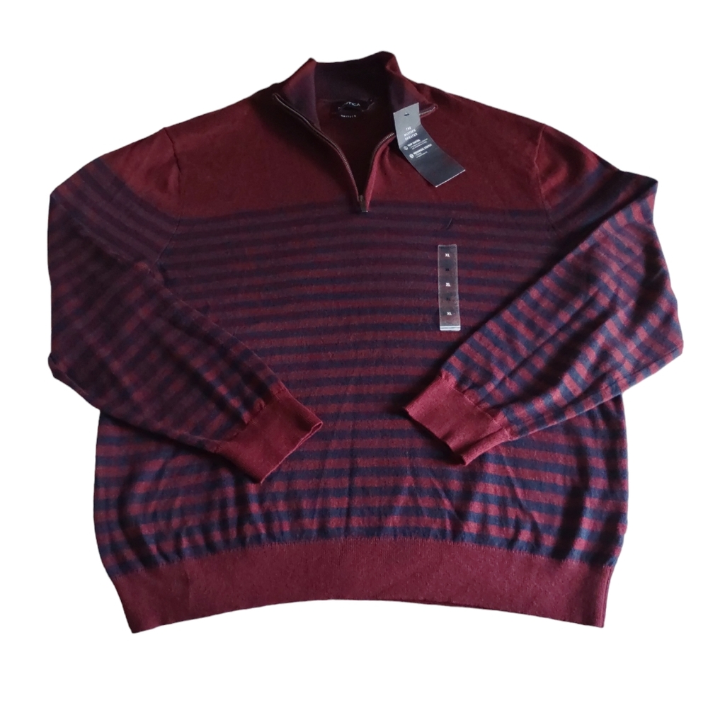 NWT Nautica XL Navtech Blue Burgundy Stripe Quarter Zip Sweater